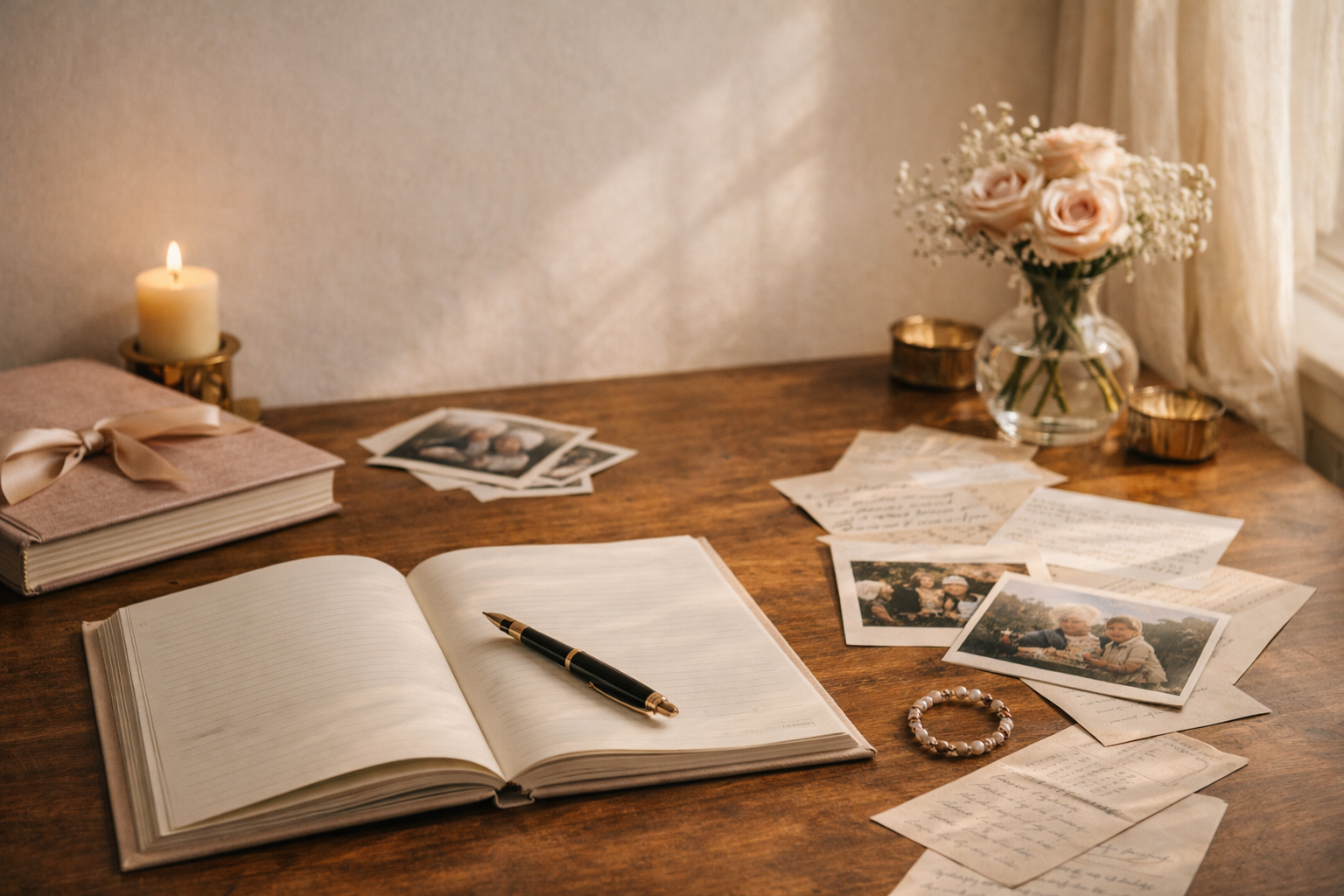Open journal with a pen, family photos, and handwritten notes arranged on a wooden table