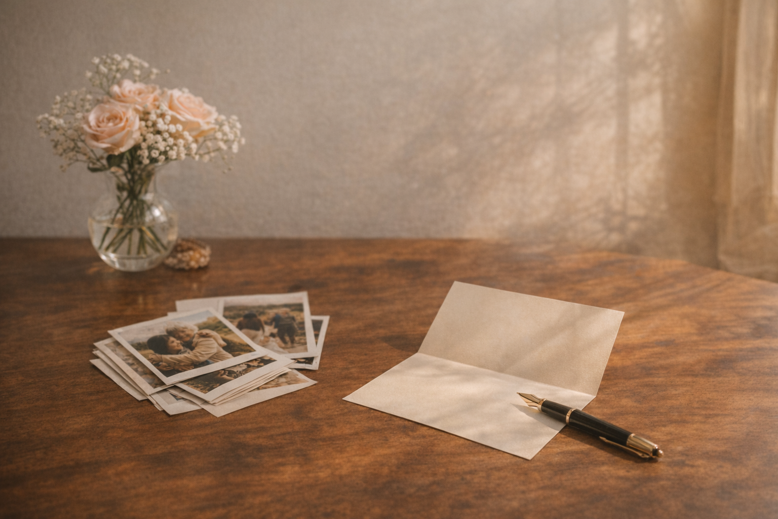 Blank note card, printed family photos, and a pen arranged on a wooden table